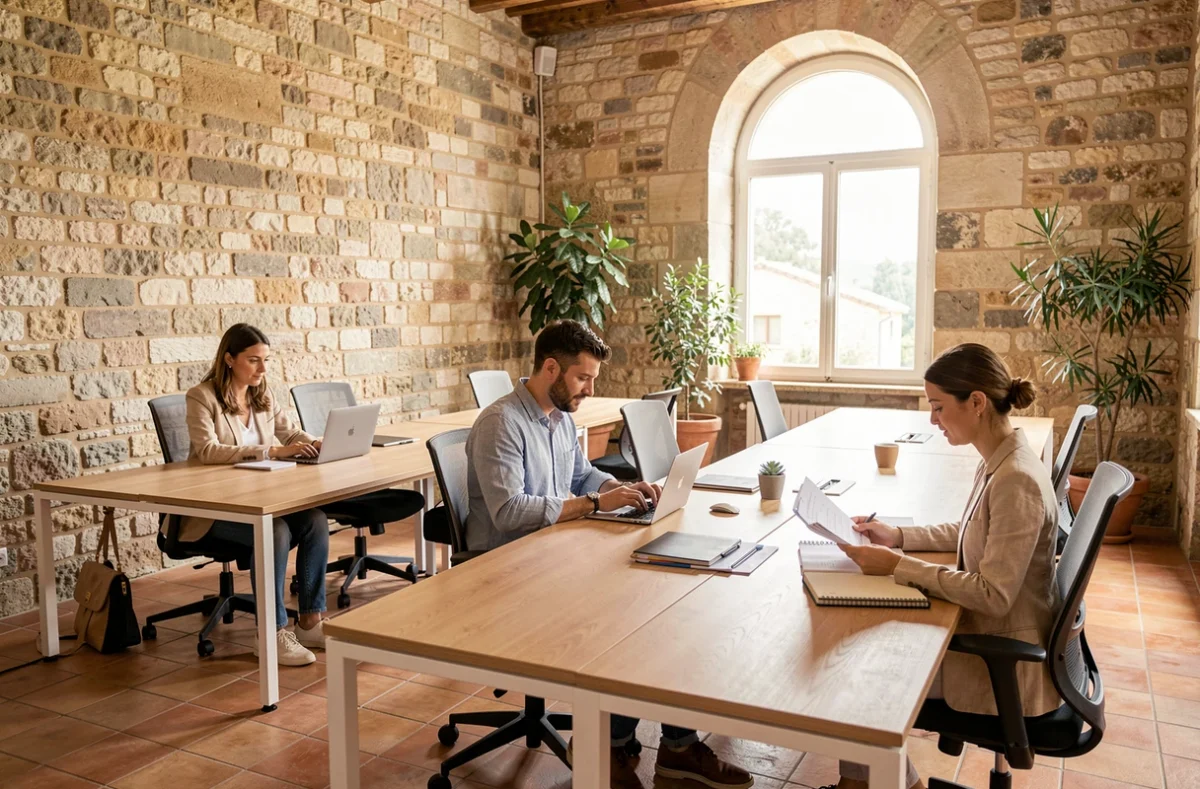 Espace de coworking moderne à Grasse avec murs en pierre apparente et professionnels au travail