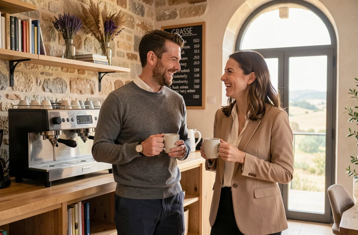 Espace détente et networking dans un coworking à Grasse avec professionnels autour d'un café