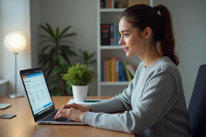 Femme consultant son espace personnel en ligne sur un ordinateur portable dans un bureau à domicile organisé