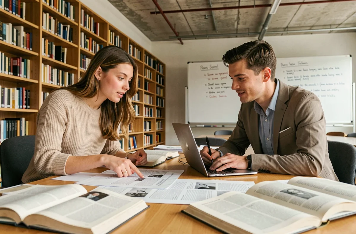 Deux étudiants en master collaborant sur la citation correcte de documents d'archives dans une salle de séminaire universitaire