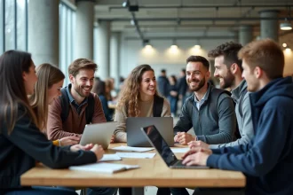 Groupe d'étudiants à Station F en discussion animée