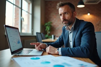 Expert SEO Alsace analysant des données de référencement sur un ordinateur dans un bureau moderne de Strasbourg