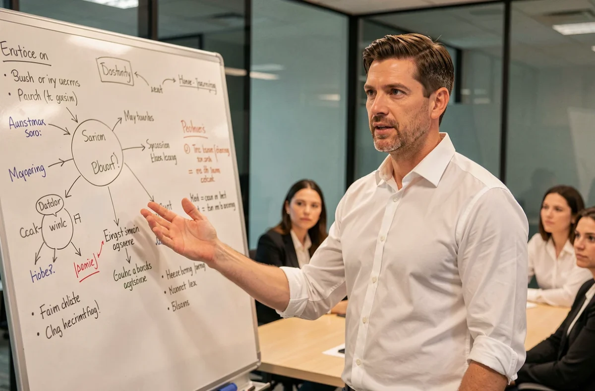 Expert tech masculin présentant une cartographie de l'écosystème numérique sur un tableau blanc devant une équipe en salle de réunion