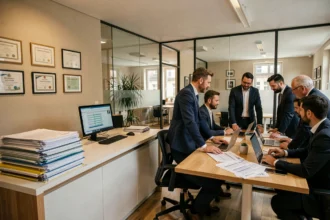 Bureau d'experts-comptables en Eure-et-Loir avec des professionnels collaborant autour de documents financiers