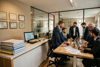 Bureau d'experts-comptables en Eure-et-Loir avec des professionnels collaborant autour de documents financiers