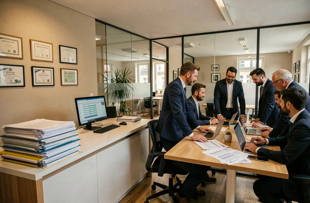 Bureau d'experts-comptables en Eure-et-Loir avec des professionnels collaborant autour de documents financiers