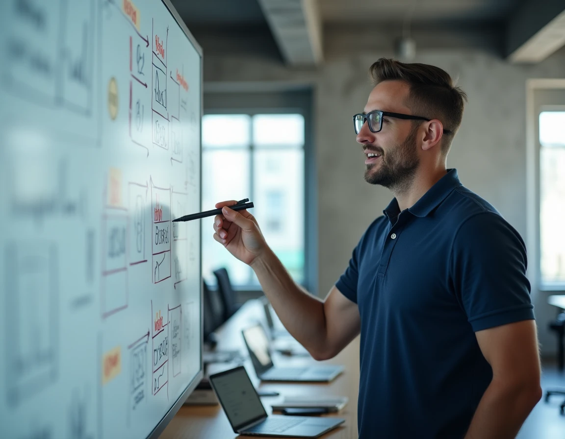 Homme expliquant des concepts de data performance sur un tableau blanc dans un espace de travail moderne pour débutants