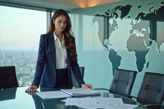 Femme d'affaires confiante examinant des documents juridiques multilingues