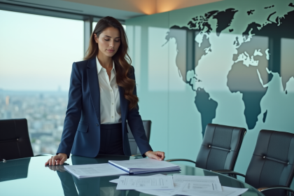 Femme d'affaires confiante examinant des documents juridiques multilingues