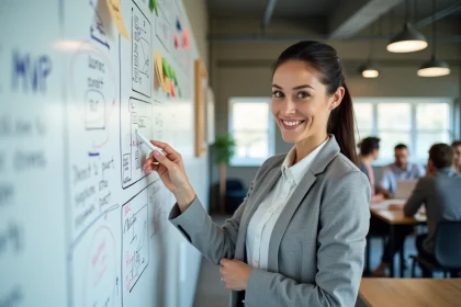 Femme d'affaires expliquant le concept de MVP sur un tableau blanc avec des post-it dans un bureau de startup moderne