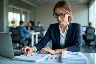 Femme d'affaires en costume regardant un rapport de données