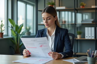 Femme d'affaires en réunion avec rapport marketing