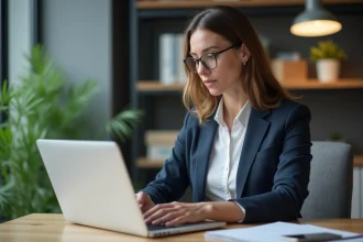 Femme professionnelle analysant un tableau de bord digital