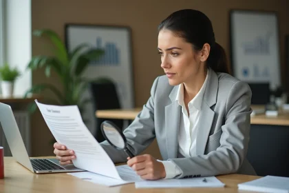 Femme professionnelle lisant attentivement les petites lignes d'un contrat d'abonnement à des outils IA marketing