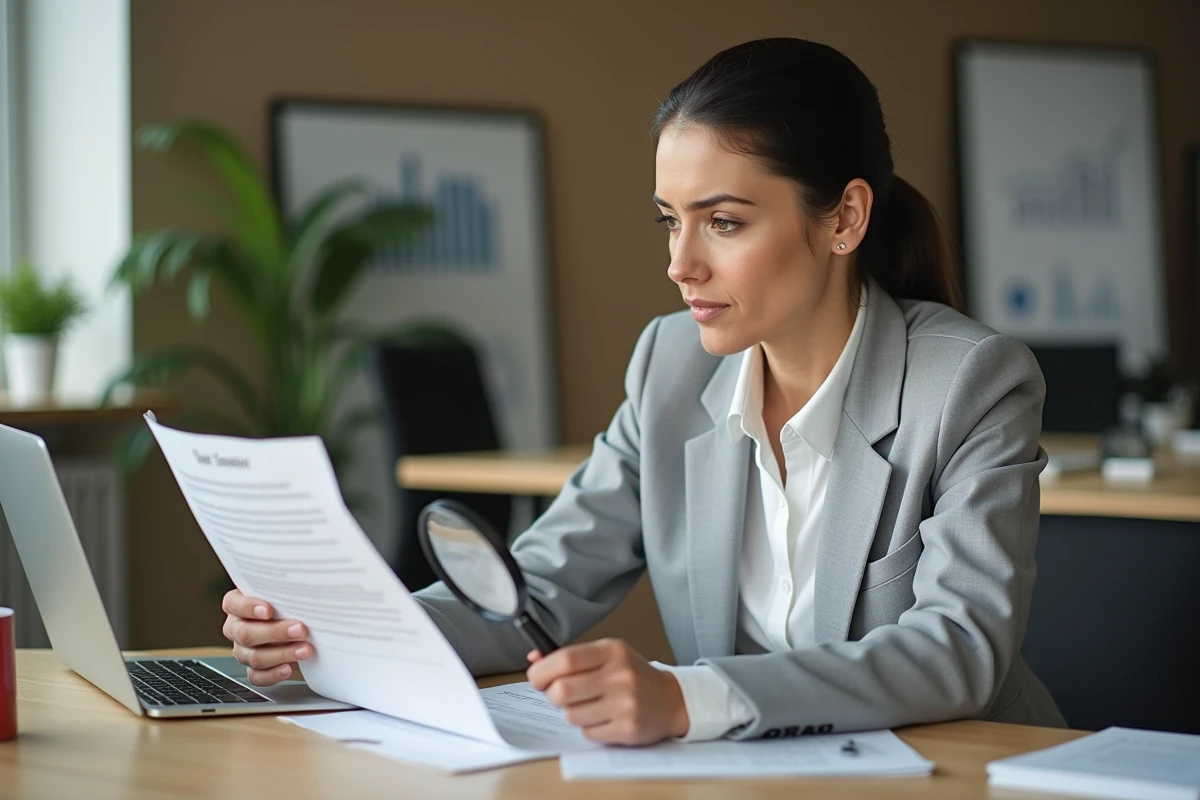 Femme professionnelle lisant attentivement les petites lignes d'un contrat d'abonnement à des outils IA marketing