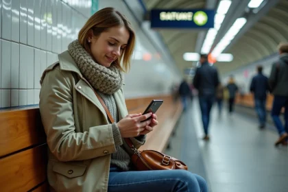 Femme assise dans le m&eacute;tro parisien avec smartphone
