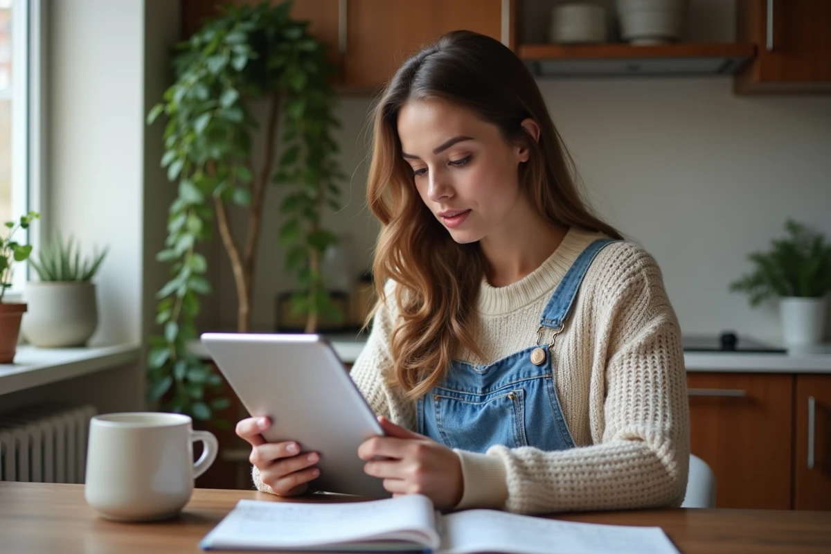 Jeune femme consultant guides financiers à la maison