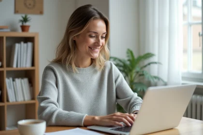 Femme travaillant sur un ordinateur portable dans un bureau moderne pour amplifier la portée de ses articles en ligne