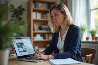 Femme concentrée travaillant sur son ordinateur à domicile