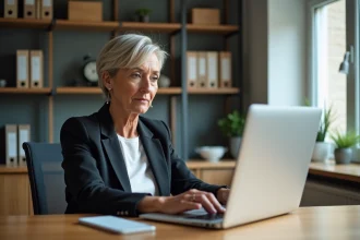 Femme d'âge moyen utilisant un ordinateur portable dans un bureau moderne