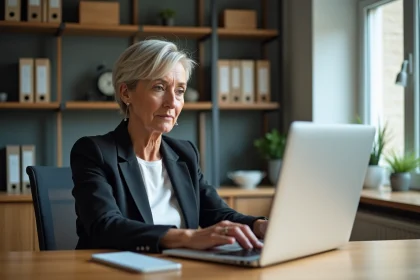 Femme d'&acirc;ge moyen utilisant un ordinateur portable dans un bureau moderne