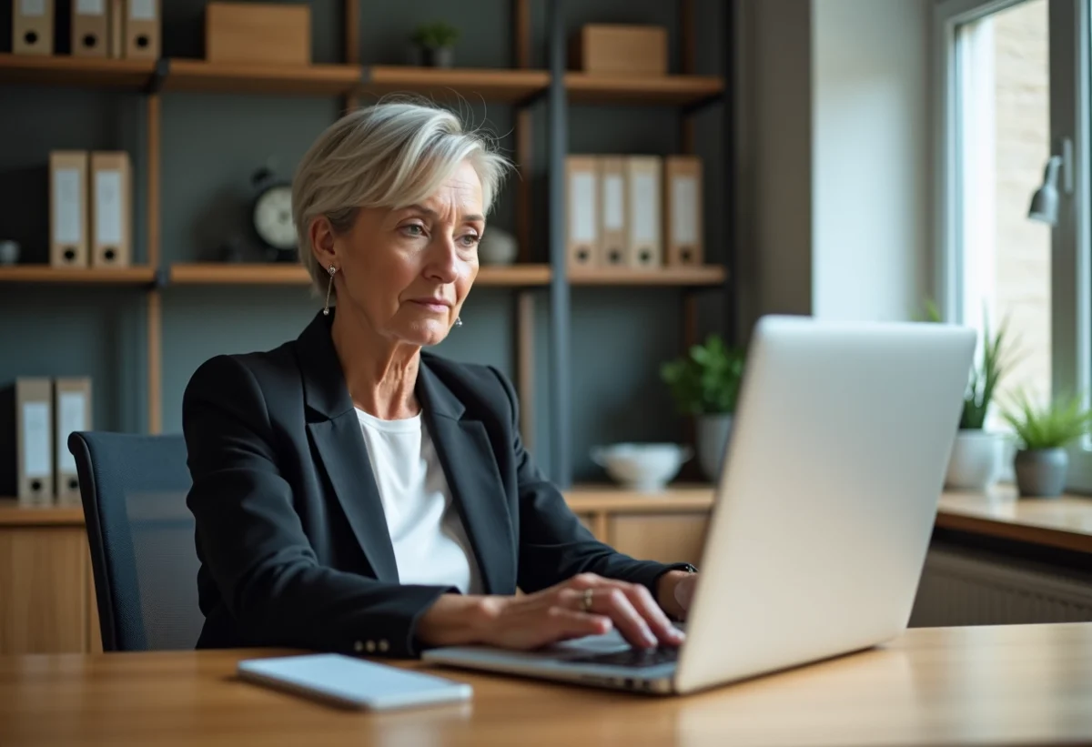 Femme d'âge moyen utilisant un ordinateur portable dans un bureau moderne