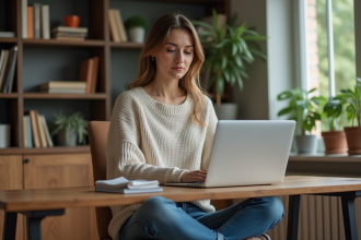 Femme assise à son bureau dans un espace cosy