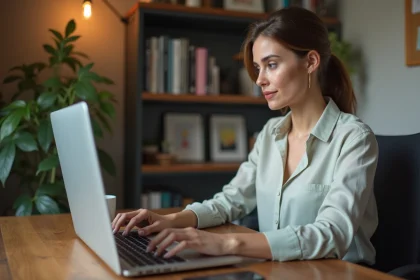 Femme en bureau &agrave; domicile travaillant sur un site web