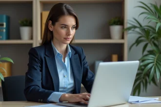 Femme professionnelle au bureau utilisant un logiciel de planification