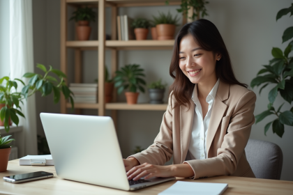 Jeune femme au bureau travaillant sur son ordinateur portable