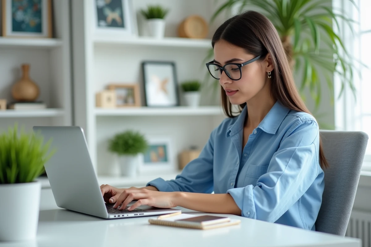 Femme concentrée travaillant sur son ordinateur dans un bureau moderne