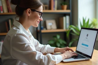 Femme au bureau naviguant sur un portail en ligne