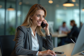 Femme en blazer parlant au téléphone dans un bureau moderne