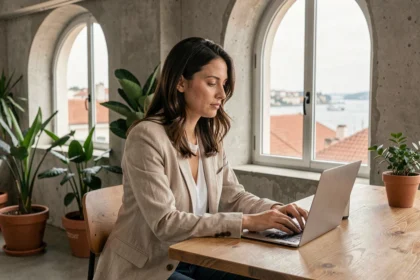 Femme travaillant dans un espace de coworking moderne à Lisbonne avec vue sur les toits de la ville