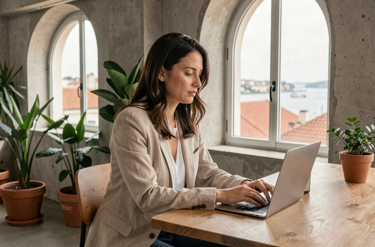 Femme travaillant dans un espace de coworking moderne à Lisbonne avec vue sur les toits de la ville