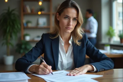 Femme s&eacute;rieuse tenant un document de solde de tout compte