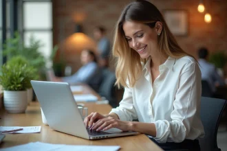 Jeune femme entrepreneure consultant un abonnement numérique au journal des entreprises sur son ordinateur portable dans un espace de coworking moderne