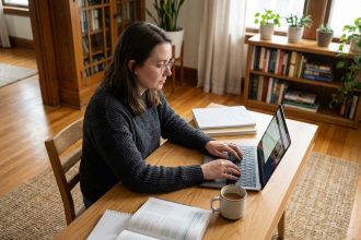 Jeune femme concentrée sur son ordinateur dans un salon moderne