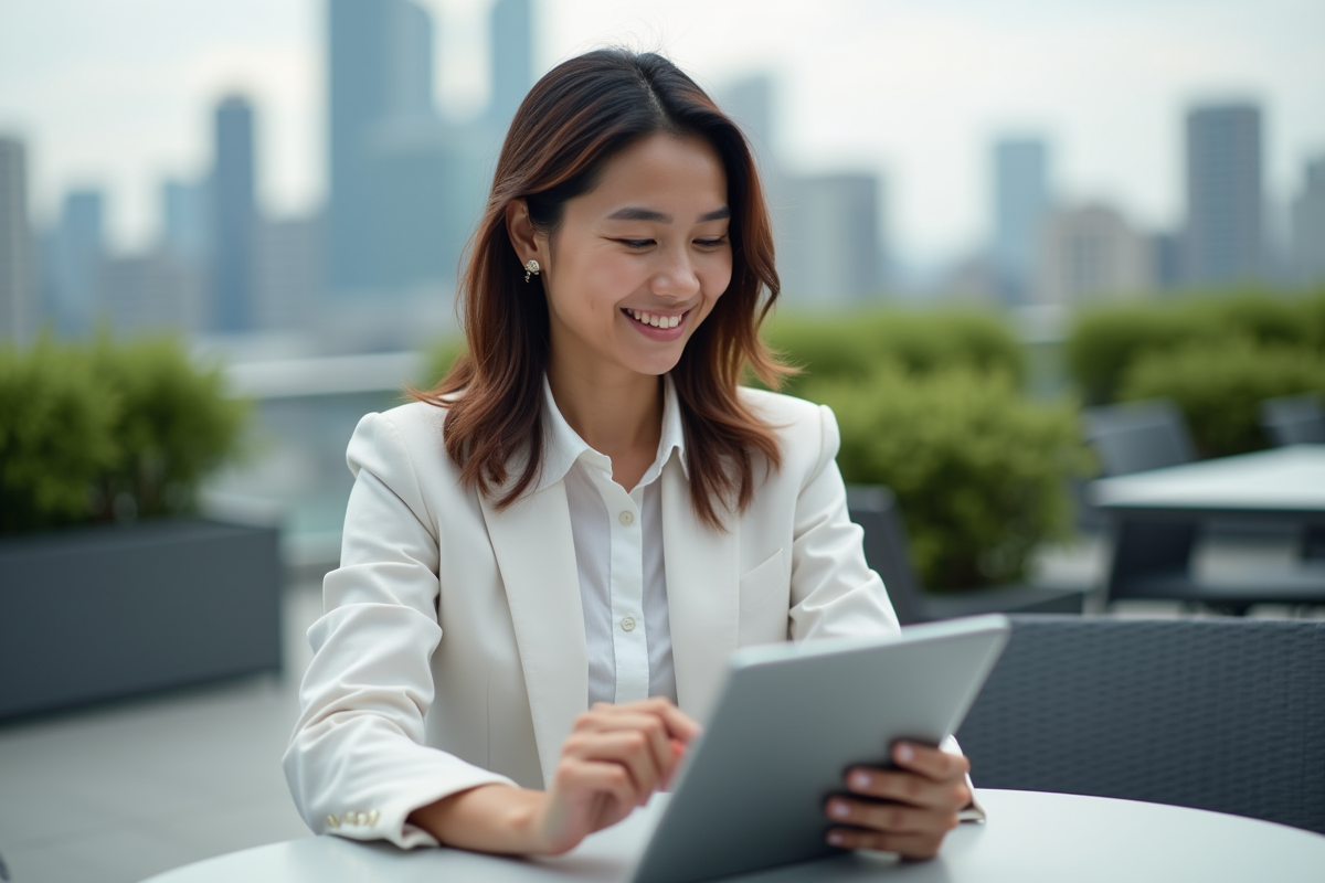 Jeune femme examinant son portefeuille financier sur une tablette en extérieur