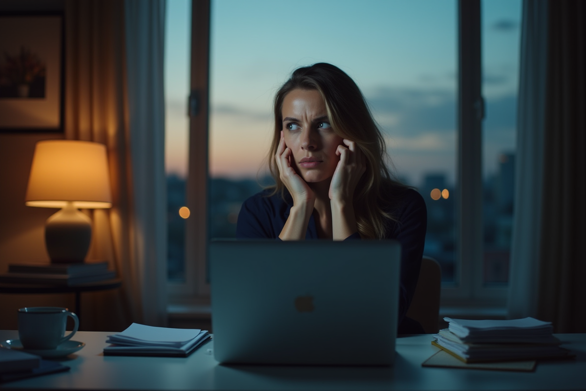 Femme pensante dans un bureau à domicile en soirée