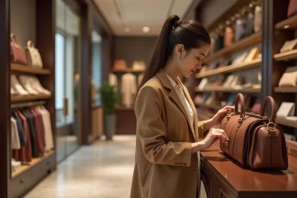 Jeune femme élégante regarde sacs de luxe en boutique
