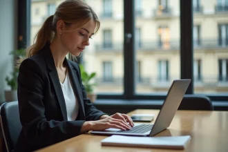 Jeune femme professionnelle analysant des données marketing dans un bureau parisien