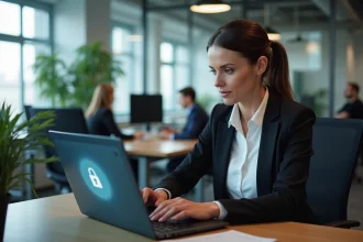 Femme professionnelle utilisant un portail sécurisé sur un ordinateur portable dans un bureau moderne