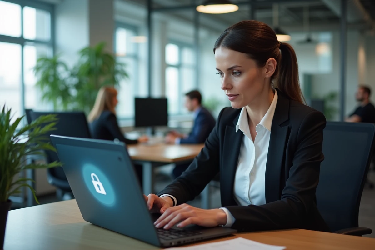 Femme professionnelle utilisant un portail sécurisé sur un ordinateur portable dans un bureau moderne