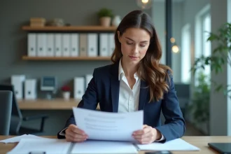 Femme professionnelle en bureau moderne examinant des documents