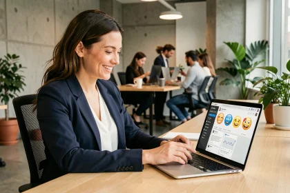 Femme professionnelle utilisant LinkedIn sur son ordinateur portable avec des emojis visibles à l'écran dans un bureau moderne