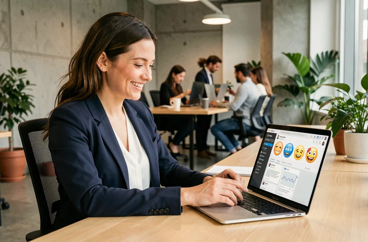 Femme professionnelle utilisant LinkedIn sur son ordinateur portable avec des emojis visibles à l'écran dans un bureau moderne