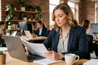 Femme professionnelle analysant des documents sur le portage salarial et le CDI classique dans un bureau moderne