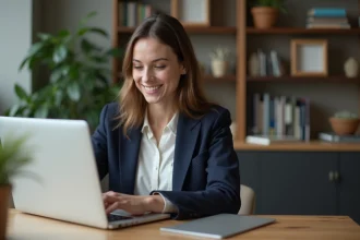 Femme consultant des offres d'emploi locales sur un ordinateur portable dans un bureau à domicile