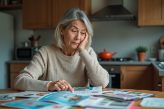 Femme réfléchissant face à des flyers dans sa cuisine